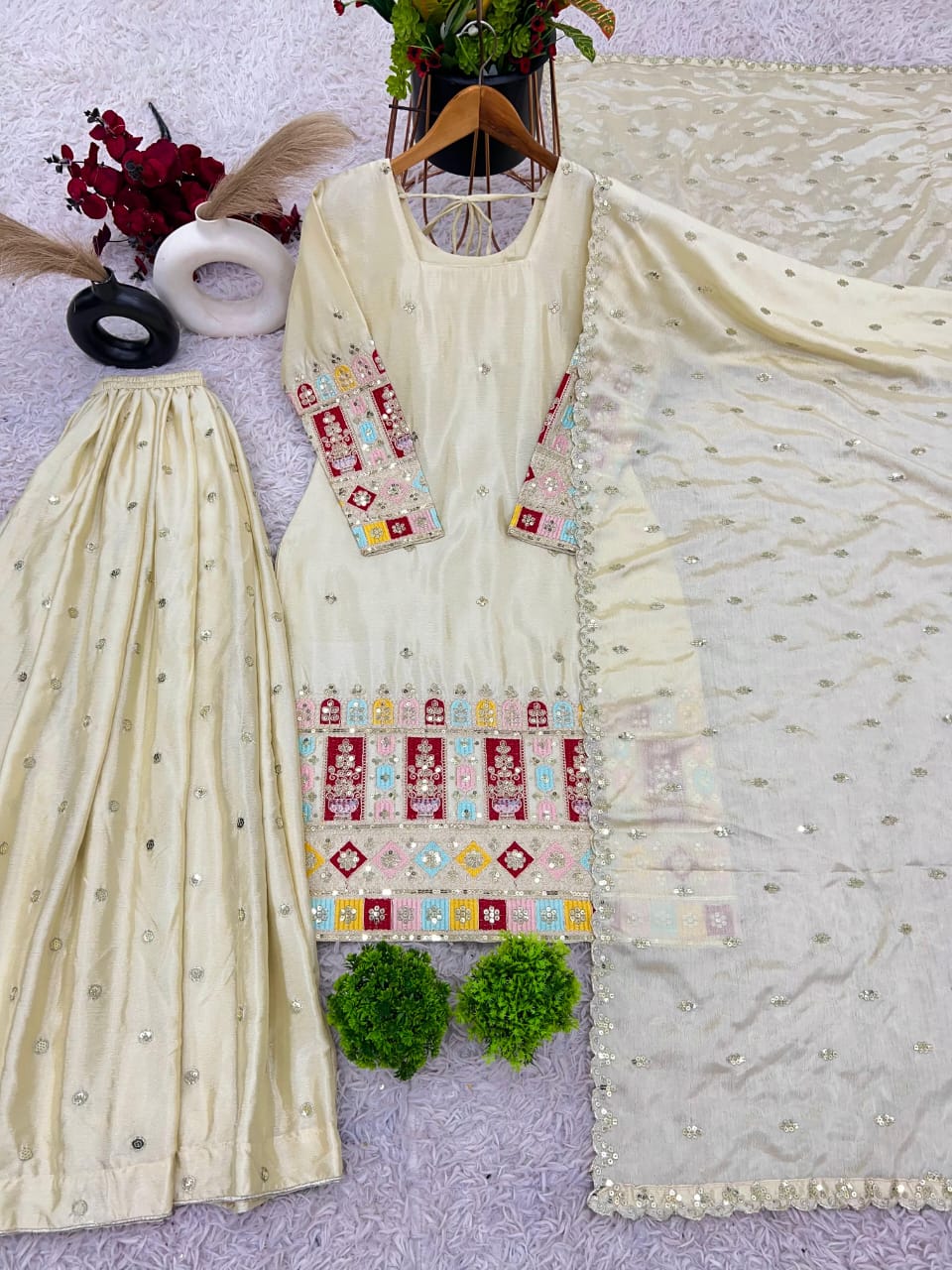 Cream Chinon Silk Embroidered Gharara Set with Dupatta – Fully Stitched (Sizes S to XXL)