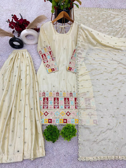 Cream Chinon Silk Embroidered Gharara Set with Dupatta – Fully Stitched (Sizes S to XXL)