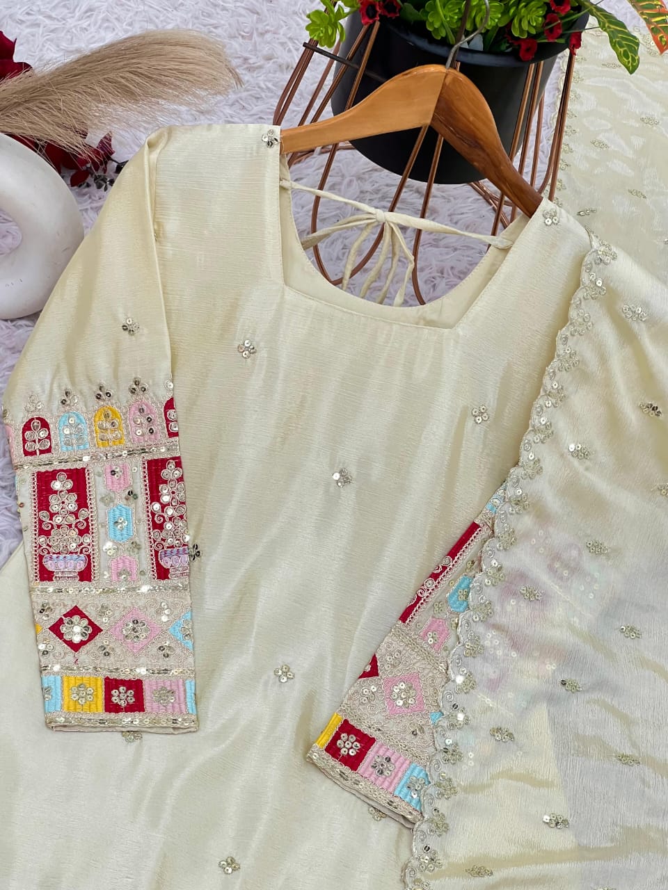 Cream Chinon Silk Embroidered Gharara Set with Dupatta – Fully Stitched (Sizes S to XXL)