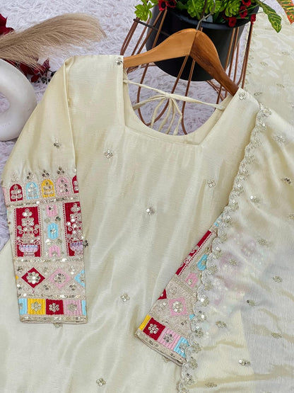 Cream Chinon Silk Embroidered Gharara Set with Dupatta – Fully Stitched (Sizes S to XXL)