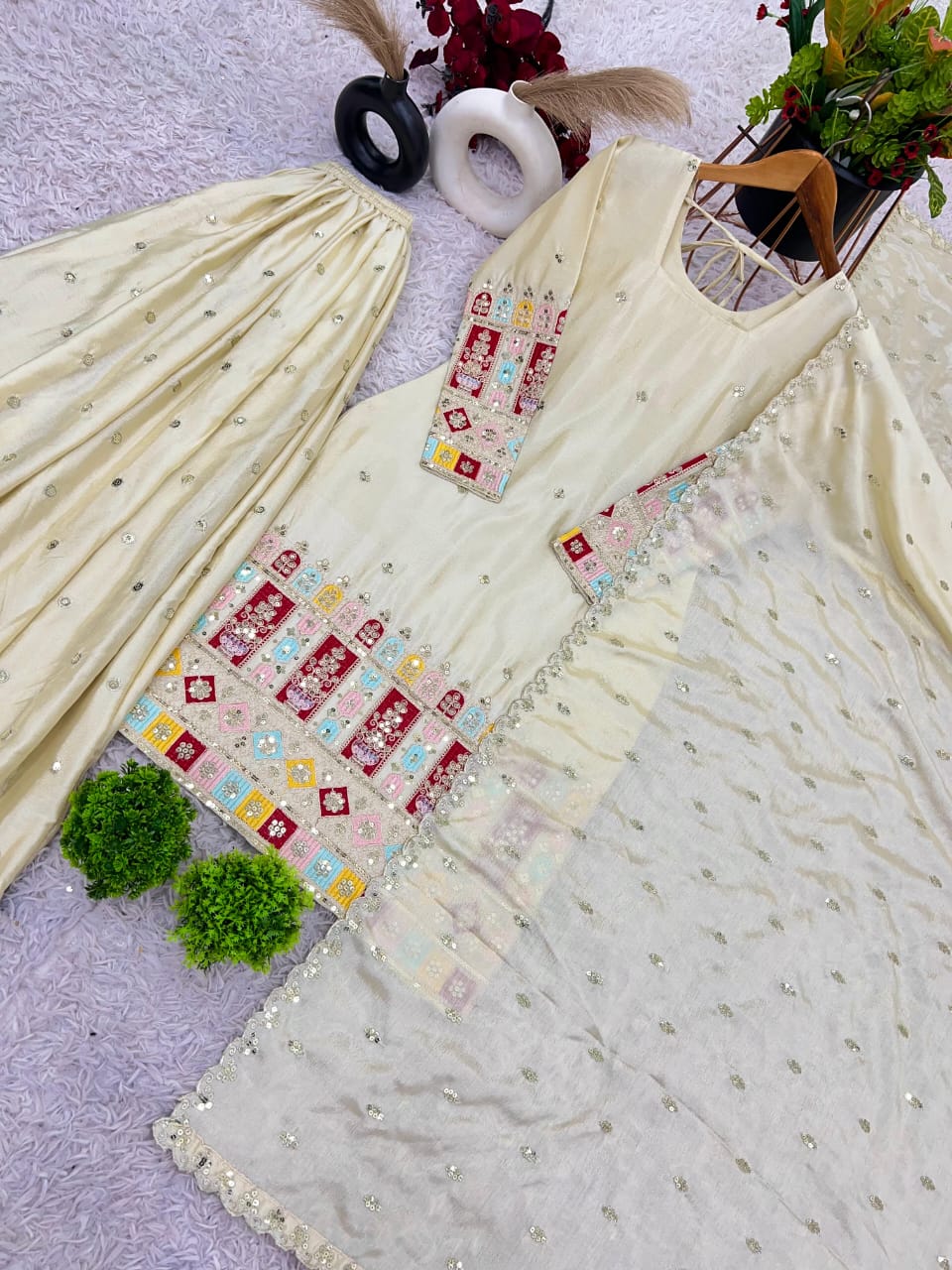 Cream Chinon Silk Embroidered Gharara Set with Dupatta – Fully Stitched (Sizes S to XXL)
