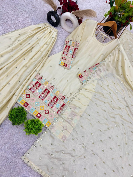 Cream Chinon Silk Embroidered Gharara Set with Dupatta – Fully Stitched (Sizes S to XXL)