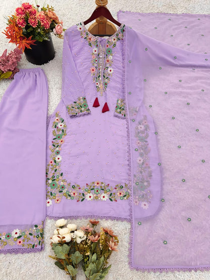 Lilac or Green Embroidered Kurti & Palazzo Set with Dupatta