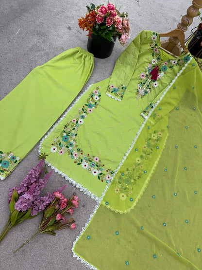 Lilac or Green Embroidered Kurti & Palazzo Set with Dupatta