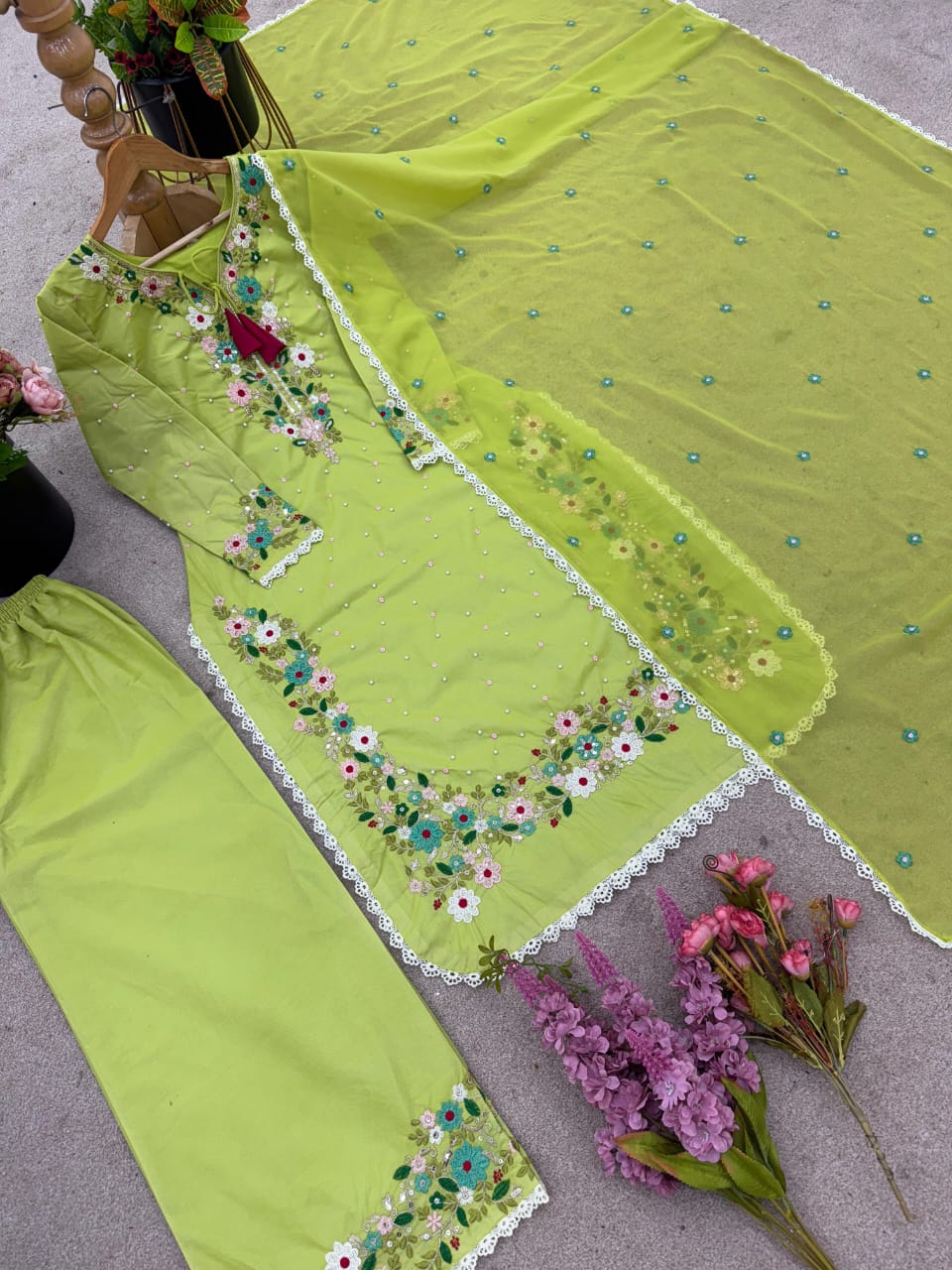 Lilac or Green Embroidered Kurti & Palazzo Set with Dupatta