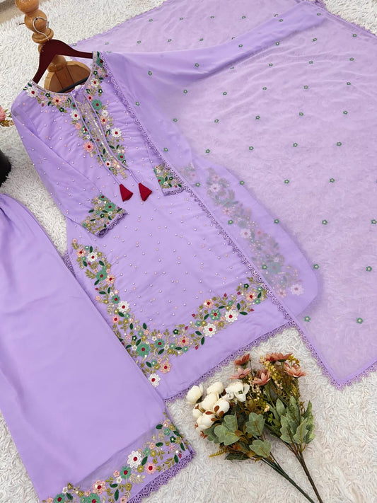Lilac or Green Embroidered Kurti & Palazzo Set with Dupatta