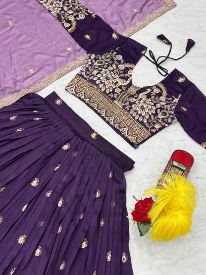 Purple Silk Embroidered Lehenga Choli with Dupatta – Fully Stitched (Sizes S to 2XL)