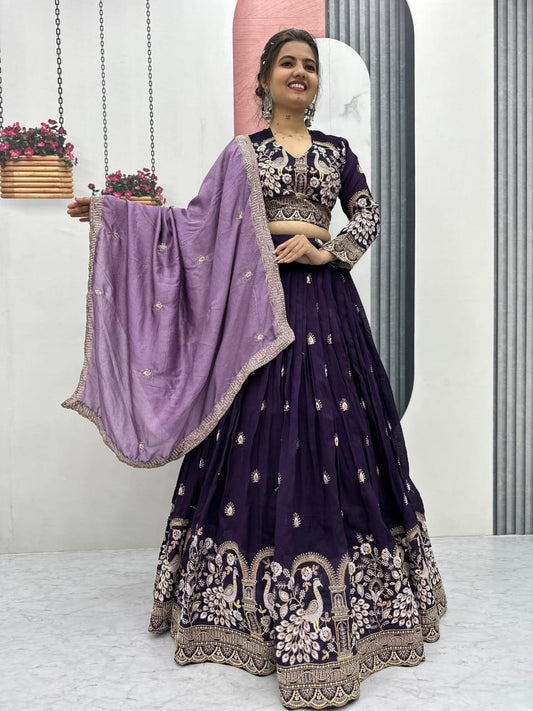 Purple Silk Embroidered Lehenga Choli with Dupatta – Fully Stitched (Sizes S to 2XL)
