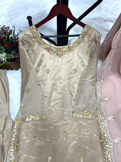 Gold Silk Embroidered Kurti Set with Palazzo Pants – Fully Stitched (Sizes S to XXL)