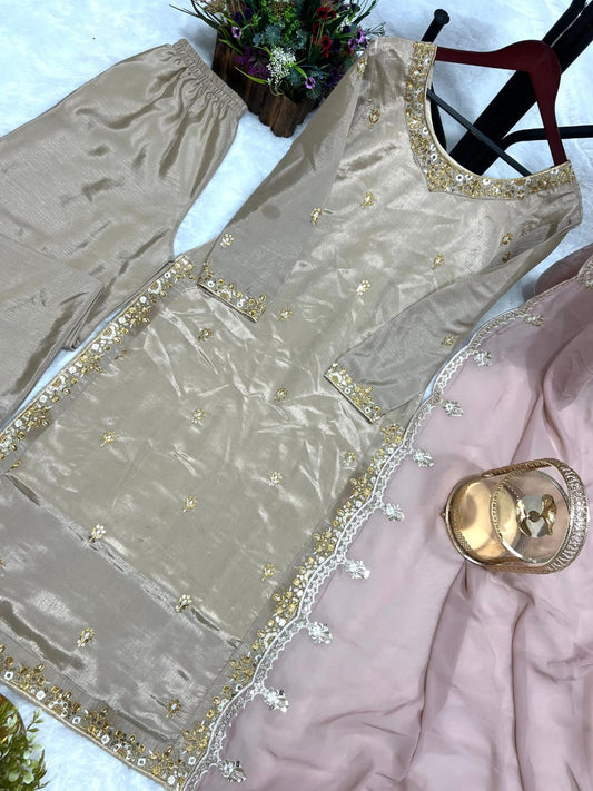 Gold Silk Embroidered Kurti Set with Palazzo Pants – Fully Stitched (Sizes S to XXL)