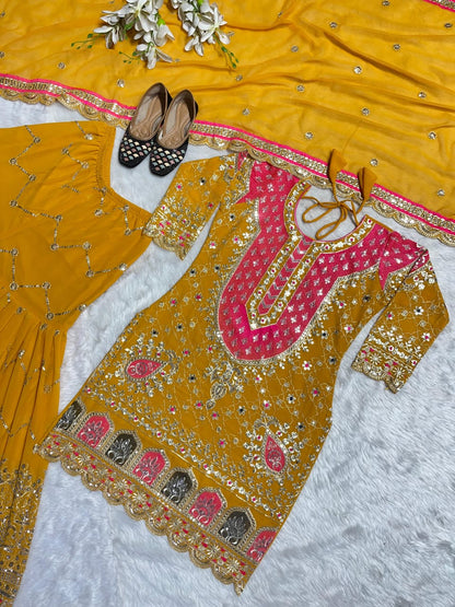 Mustard Embroidered Georgette Sharara Set with Fancy Dupatta