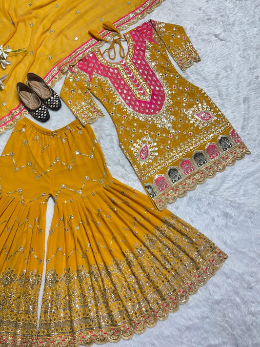 Mustard Embroidered Georgette Sharara Set with Fancy Dupatta