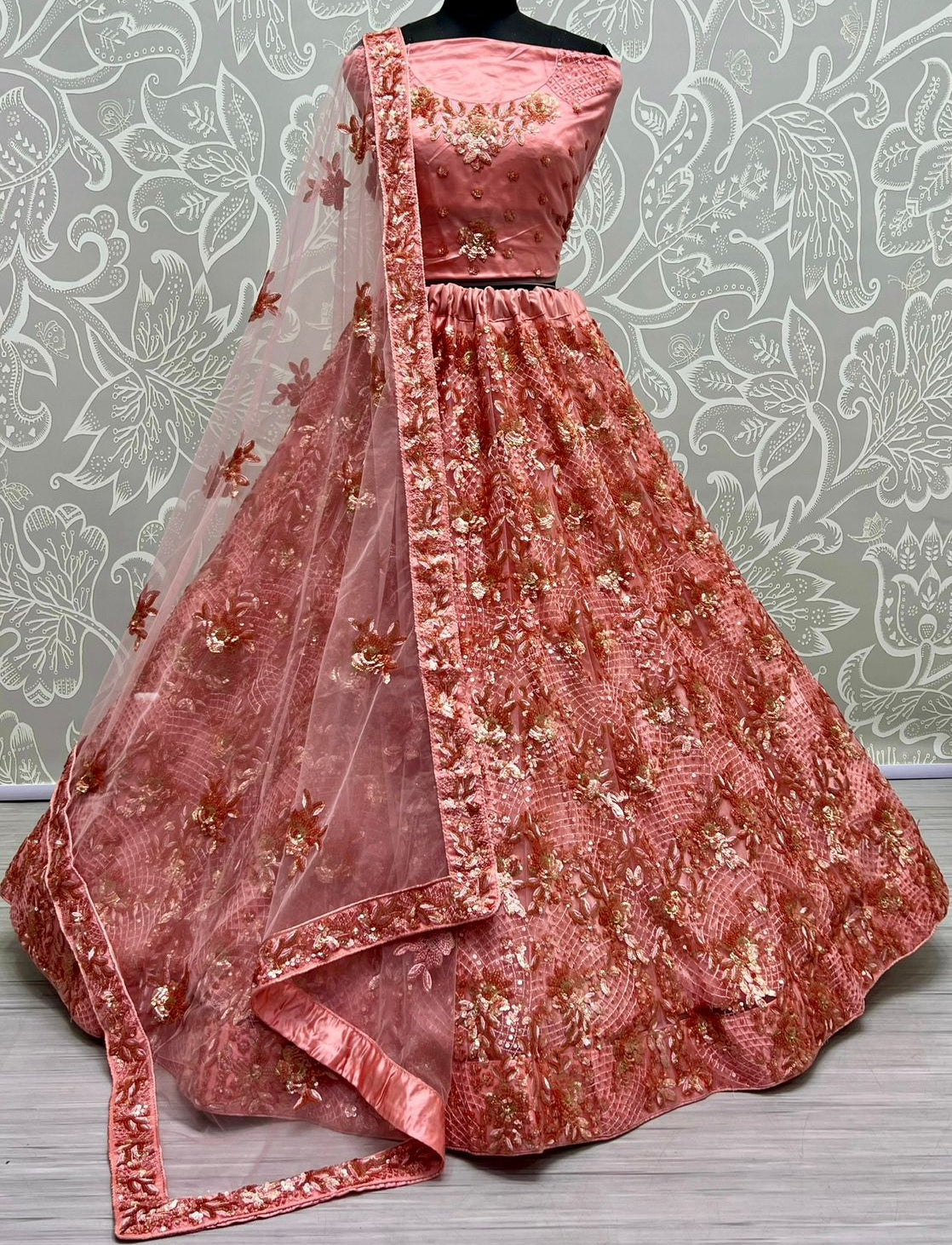 Coral Embroidered Zari Work Lehenga for Bridal or Luxe Events
