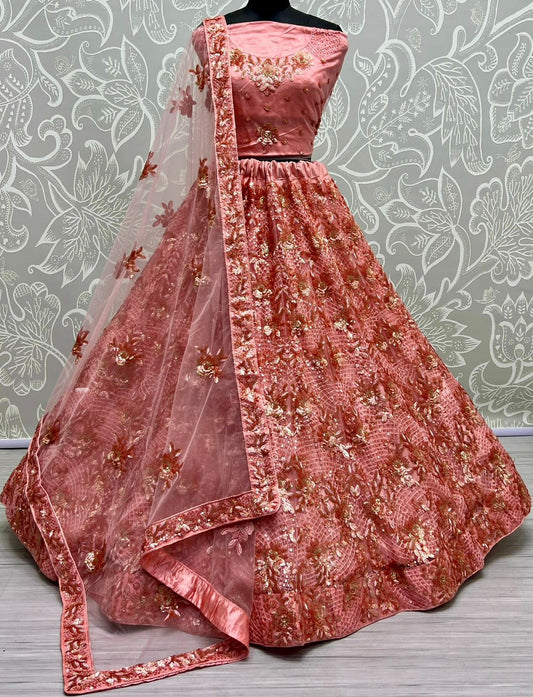 Coral Embroidered Zari Work Lehenga for Bridal or Luxe Events