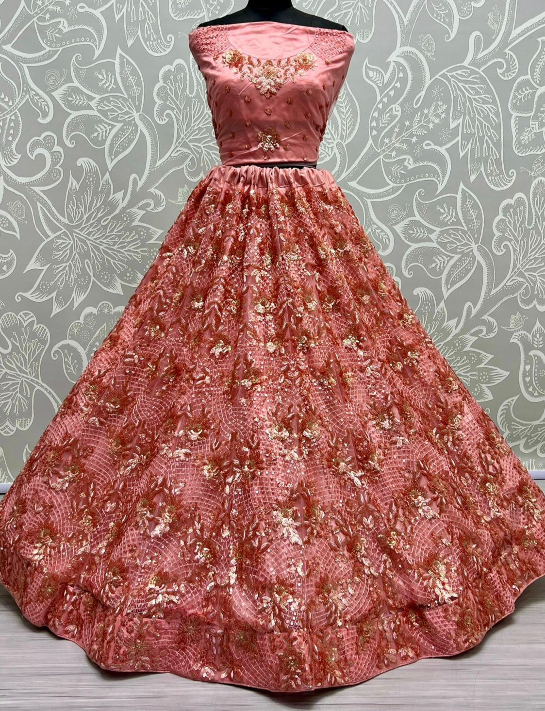Coral Embroidered Zari Work Lehenga for Bridal or Luxe Events