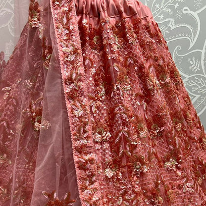Coral Embroidered Zari Work Lehenga for Bridal or Luxe Events