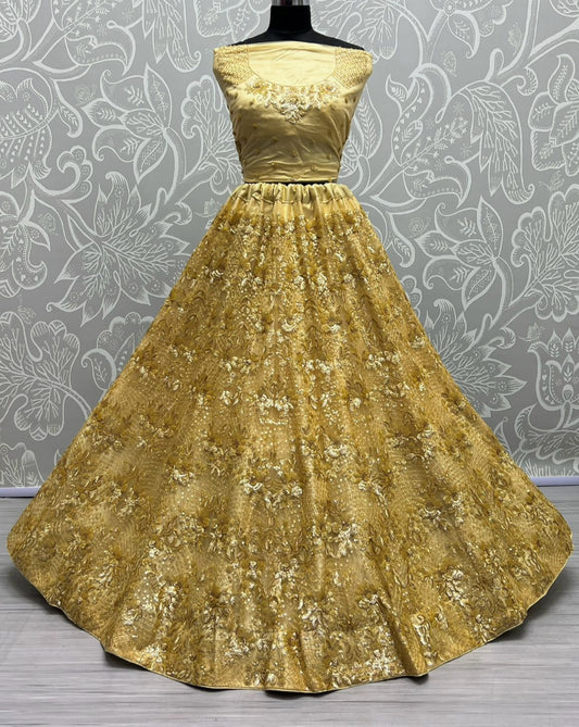 Yellow Gold Embroidered Zari Work Lehenga for Bridal or Luxe Events