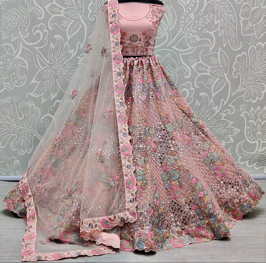 Blush Pink Embroidered Mirror Work Lehenga for Bridal or Luxe Events