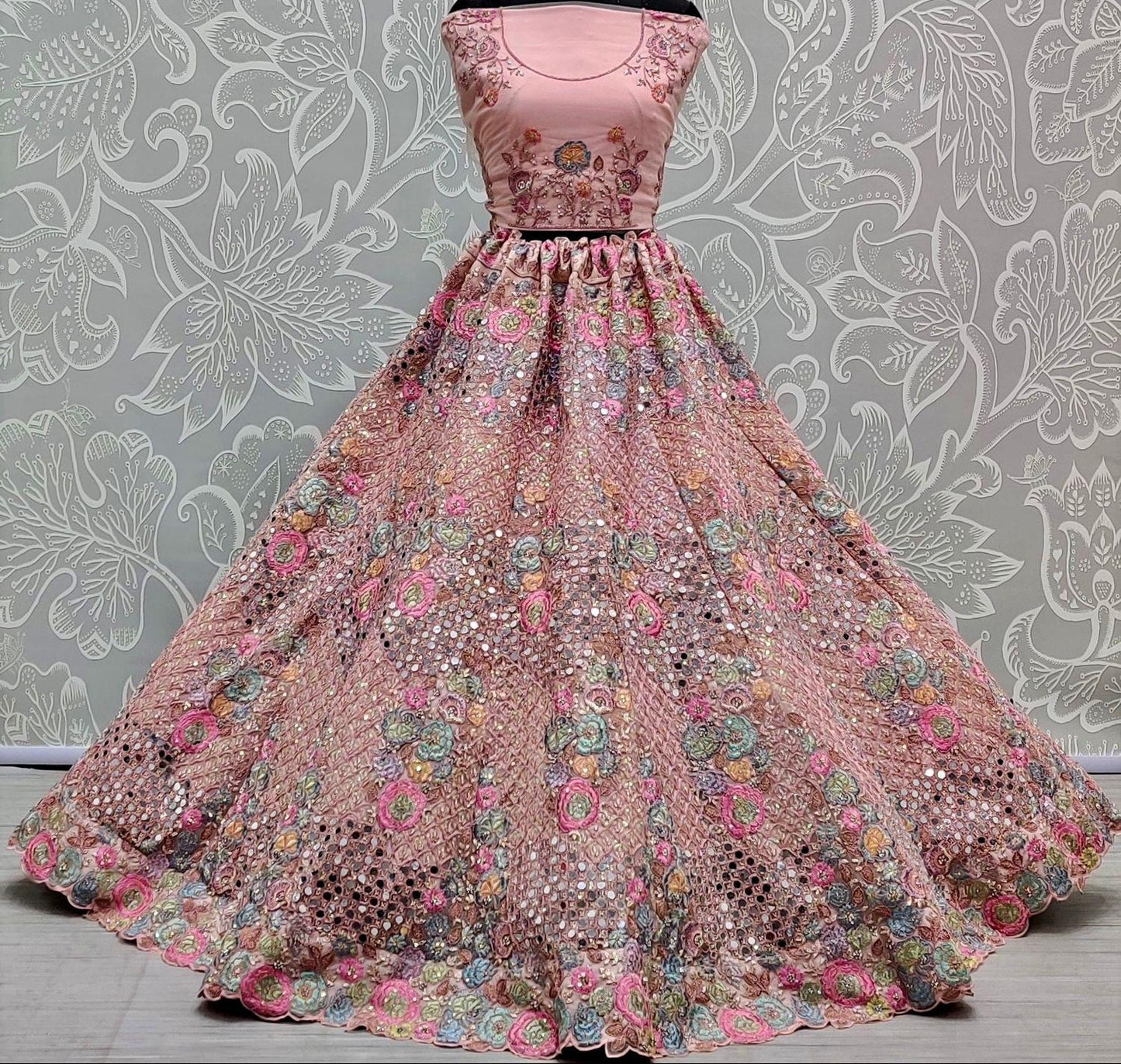 Blush Pink Embroidered Mirror Work Lehenga for Bridal or Luxe Events