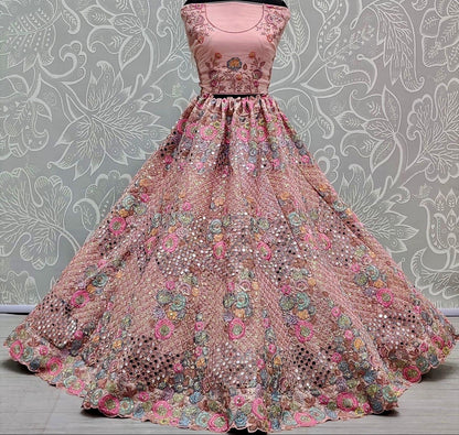 Blush Pink Embroidered Mirror Work Lehenga for Bridal or Luxe Events