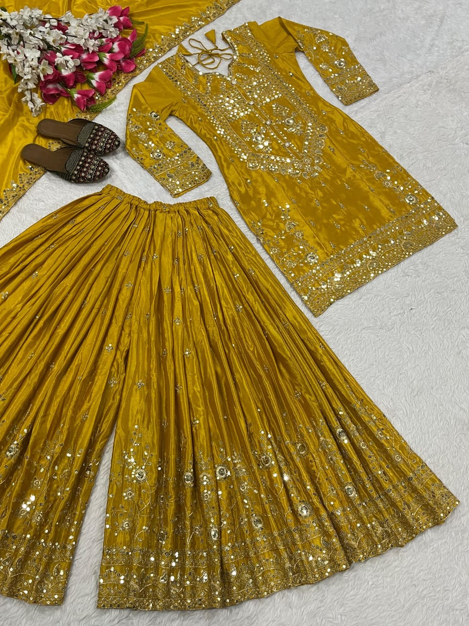Golden Mustard Silk Embroidered Sharara Palazzo Set with Dupatta – Fully Stitched (Sizes S to XXL)