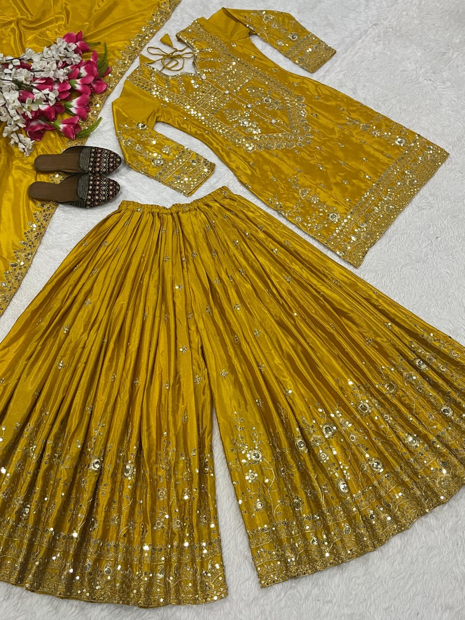Golden Mustard Silk Embroidered Sharara Palazzo Set with Dupatta – Fully Stitched (Sizes S to XXL)