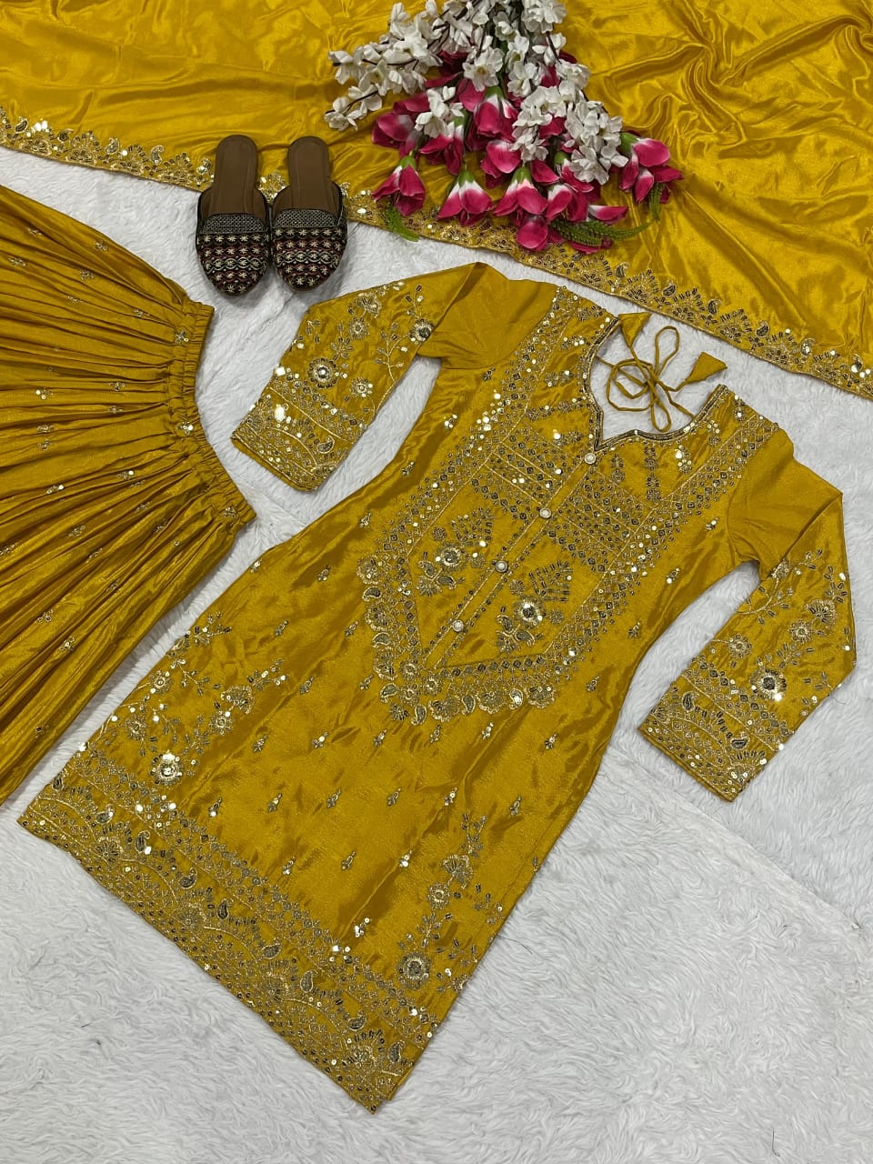 Golden Mustard Silk Embroidered Sharara Palazzo Set with Dupatta – Fully Stitched (Sizes S to XXL)