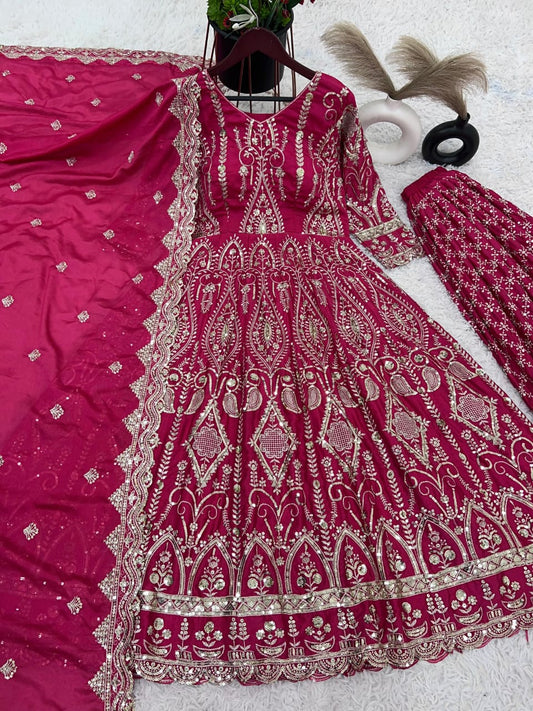 Heavily Embroidered Pink Anarkali Gown & Sharara Set with Dupatta – Party Wear | Sizes XL to XXL