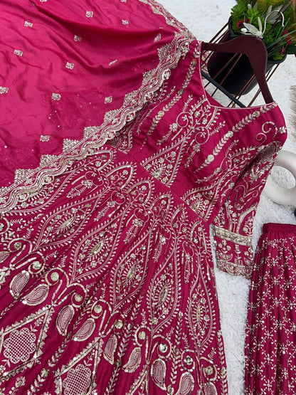 Heavily Embroidered Pink Anarkali Gown & Sharara Set with Dupatta – Party Wear | Sizes XL to XXL