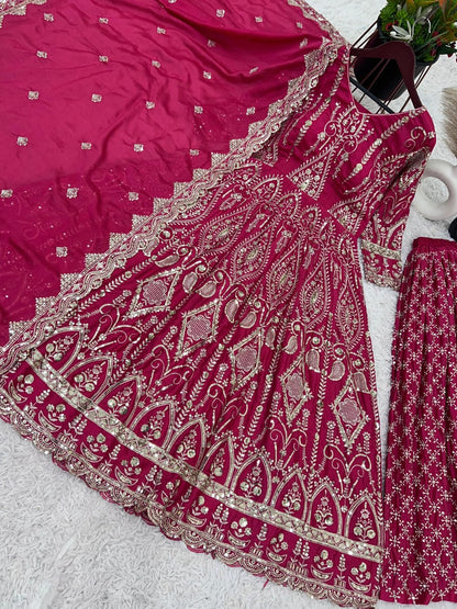 Heavily Embroidered Pink Anarkali Gown & Sharara Set with Dupatta – Party Wear | Sizes XL to XXL