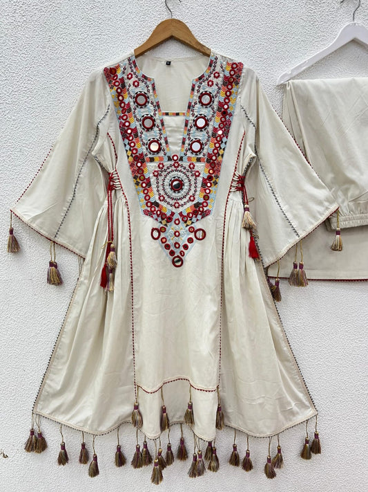 White Premium Khadi Cotton Co-ord Set with Embroidery & Mirror Work-   Sizes XS to 5XL