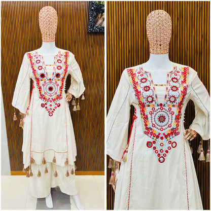 White Premium Khadi Cotton Co-ord Set with Embroidery & Mirror Work-   Sizes XS to 5XL