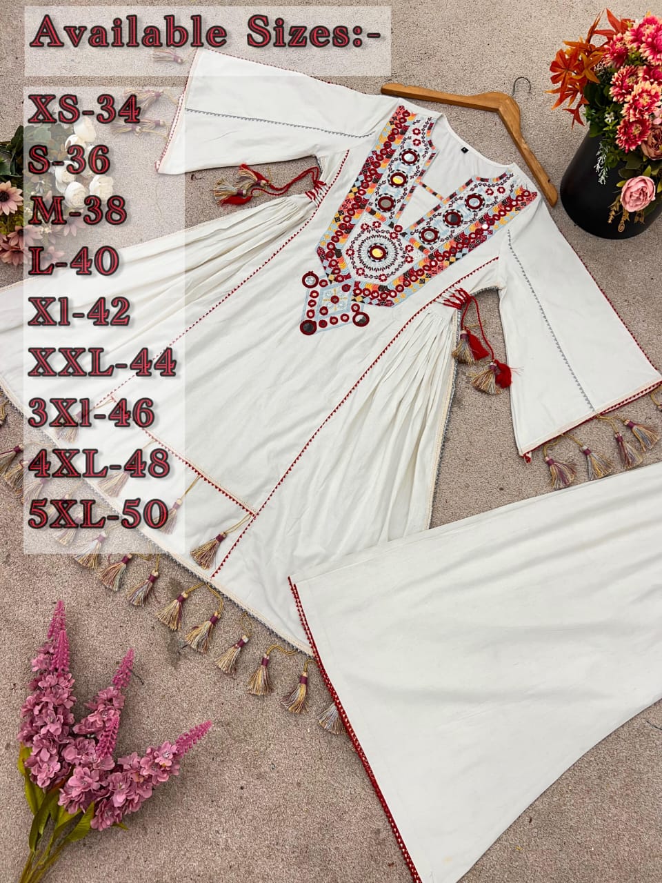 White Premium Khadi Cotton Co-ord Set with Embroidery & Mirror Work-   Sizes XS to 5XL