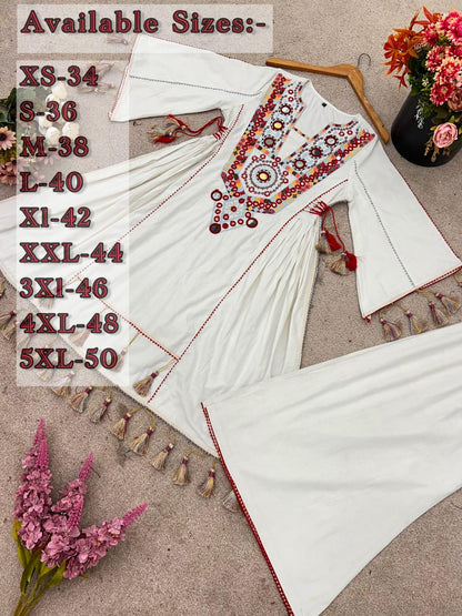 White Premium Khadi Cotton Co-ord Set with Embroidery & Mirror Work-   Sizes XS to 5XL