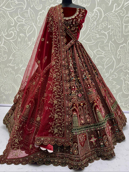 Regal Maroon Bridal Lehenga with Green & Pink Accents | Heavy Embellished Double Dupatta Set