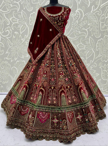 Regal Maroon Bridal Lehenga with Green & Pink Accents | Heavy Embellished Double Dupatta Set