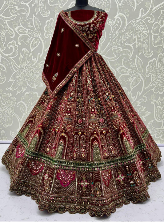 Regal Maroon Bridal Lehenga with Green & Pink Accents | Heavy Embellished Double Dupatta Set