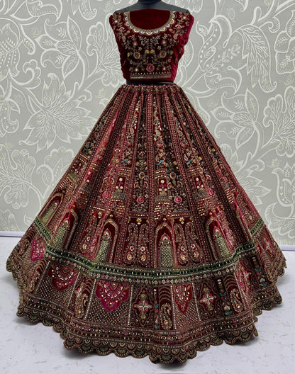 Regal Maroon Bridal Lehenga with Green & Pink Accents | Heavy Embellished Double Dupatta Set