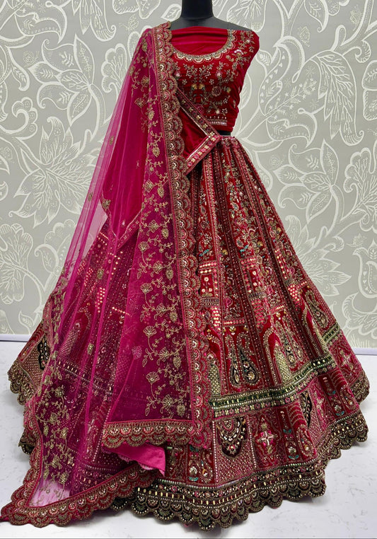 Rani Pink Bridal Lehenga with Heavy Embellishments & Double Dupatta