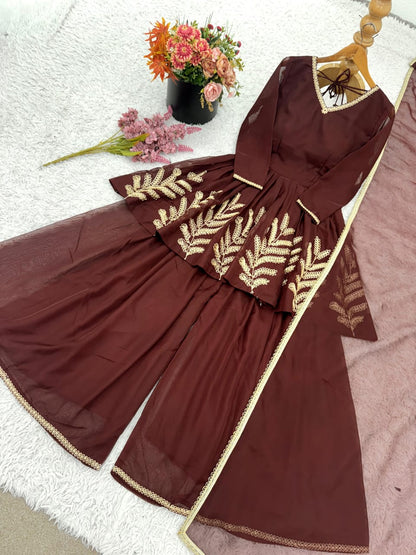 Brown Embroidered Punjabi Set – Fully Stitched Partywear (Sizes S to XXL)