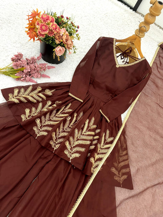 Brown Embroidered Punjabi Set – Fully Stitched Partywear (Sizes S to XXL)