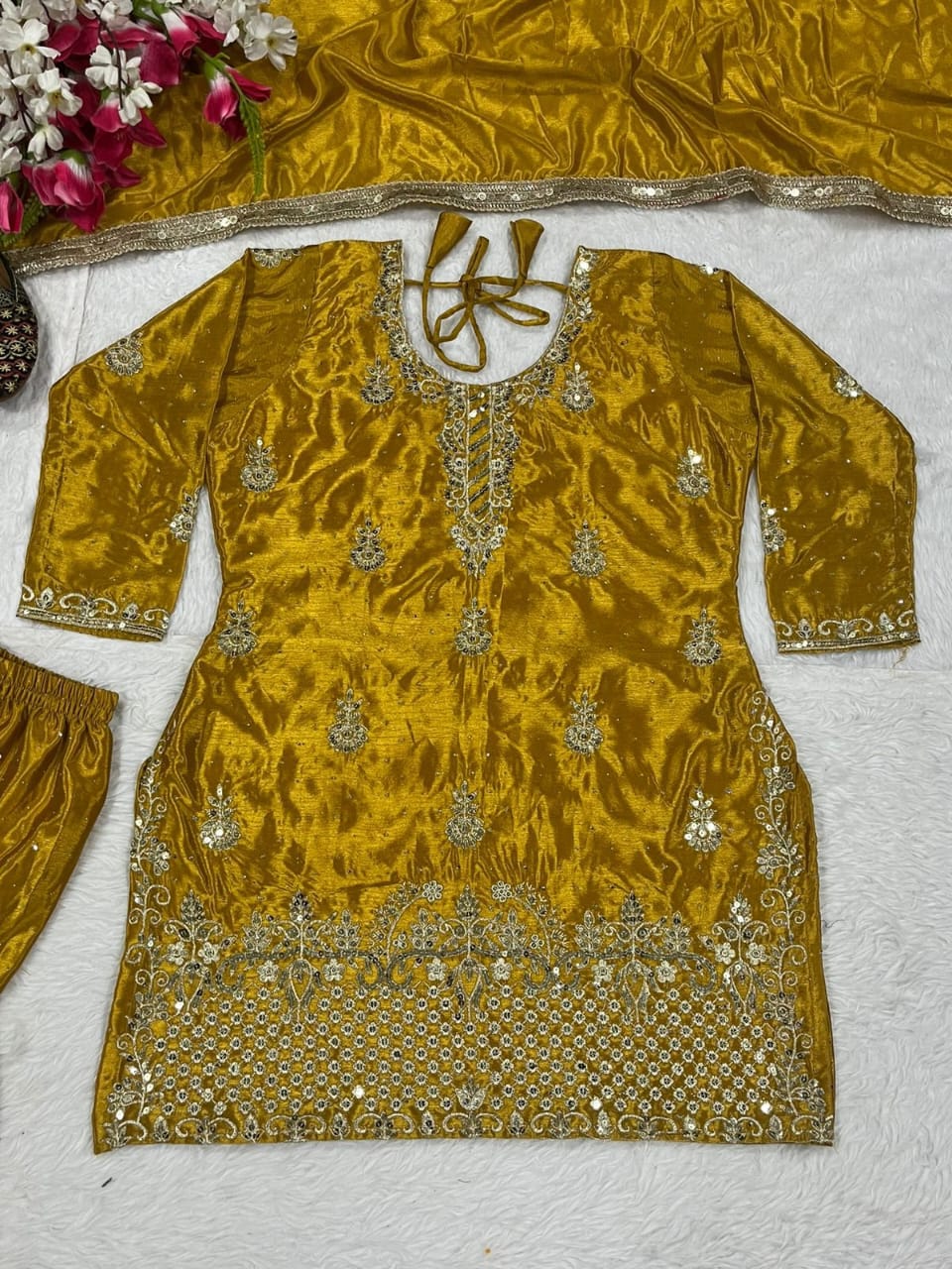 Blue & Gold Chinon Silk Sharara Set with Sequin Embroidery – Partywear, Fully Stitched (Sizes S to XXL)