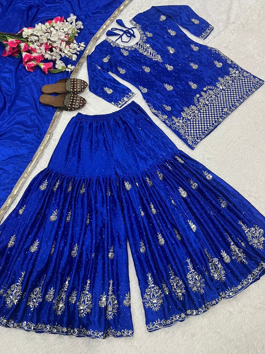 Blue & Gold Chinon Silk Sharara Set with Sequin Embroidery – Partywear, Fully Stitched (Sizes S to XXL)