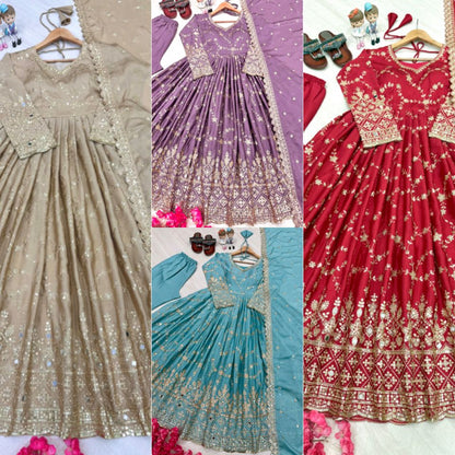 Blue, Red, Beige and Purple Luxe Anarkali Gown Set with Mirror & Sequin Embroidery