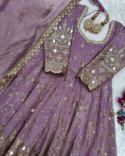 Blue, Red, Beige and Purple Luxe Anarkali Gown Set with Mirror & Sequin Embroidery