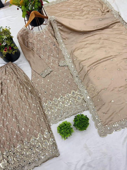 Champagne Chinnon Silk Sharara Set with Mirror & Sequin Handwork