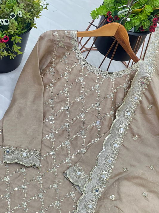 Champagne Chinnon Silk Sharara Set with Mirror & Sequin Handwork