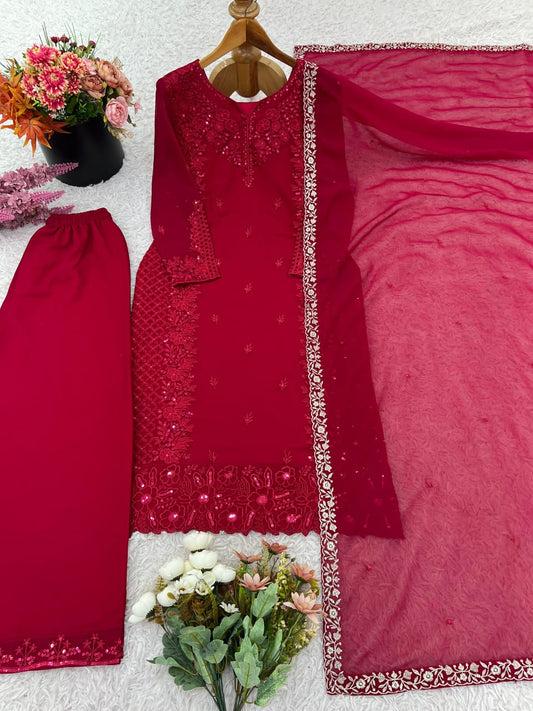 Classy Deep Red Embroidered Co-ord Punjabi Set with Dupatta