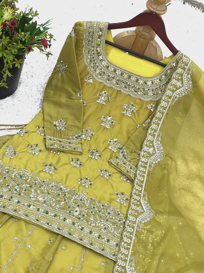 Green or Peach Embroidered Lehenga Set with Modest Top
