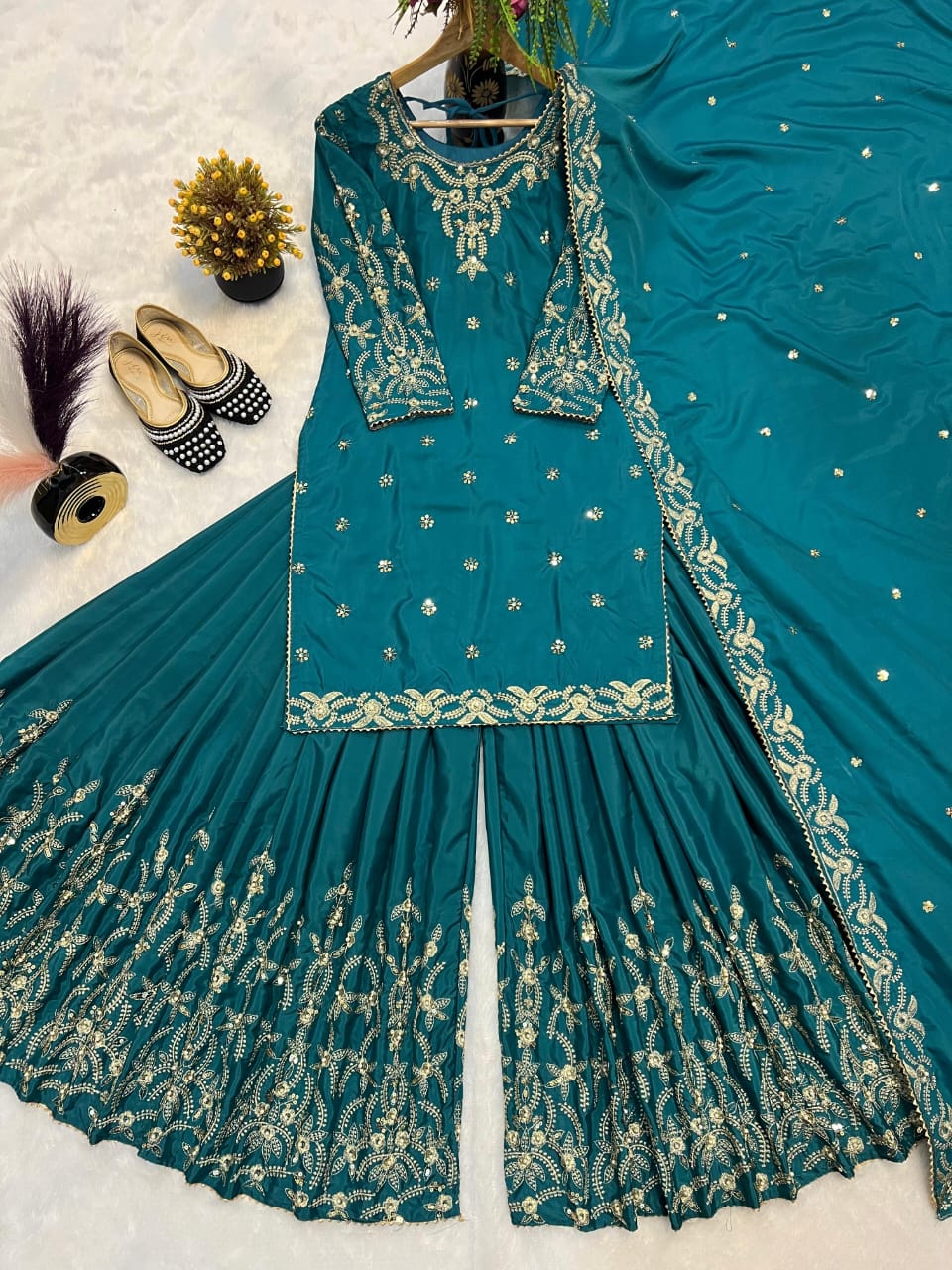 Bright Blue & Maroon Crepe Silk Sharara Set with Moti & Embroidery Work – Fully Stitched